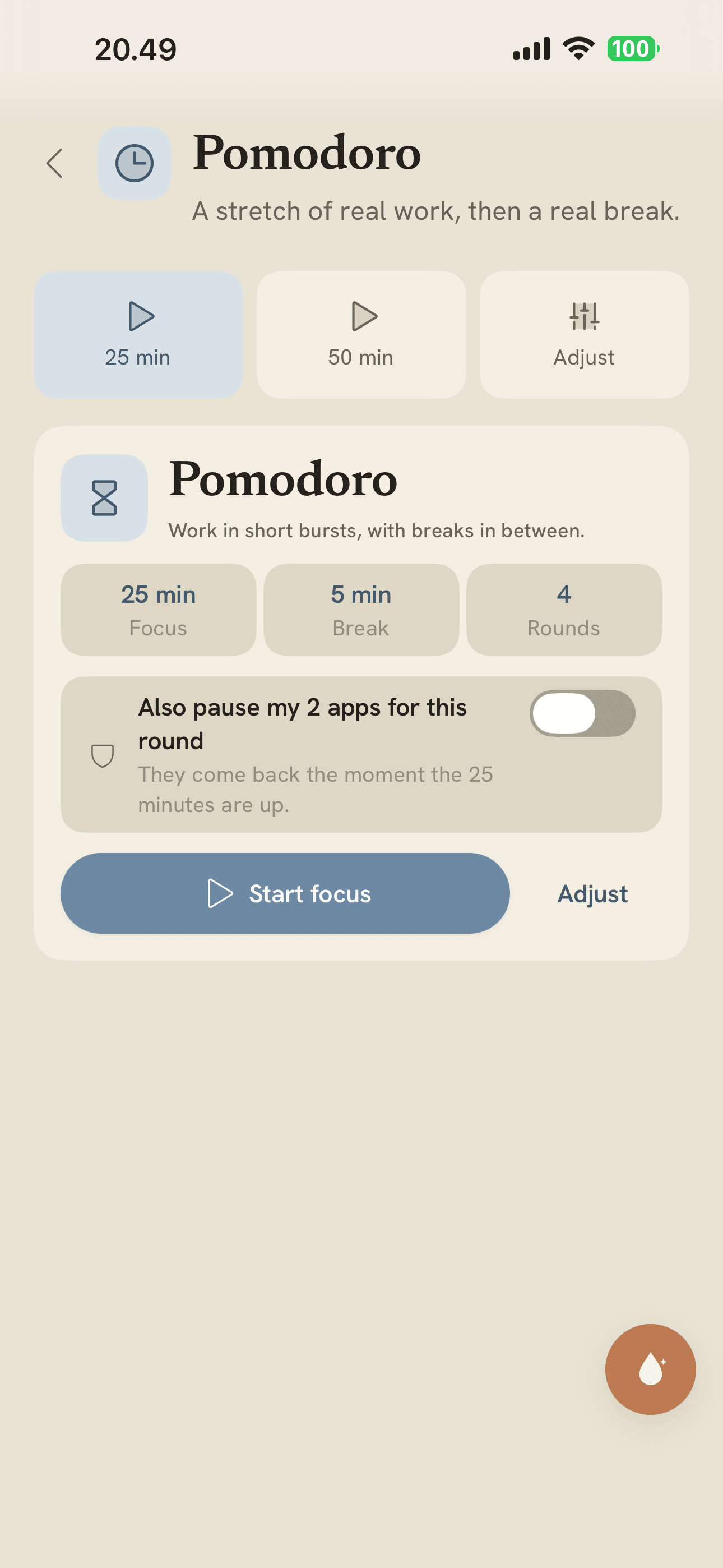 Vela's Pomodoro focus timer counting down a 25-minute work session