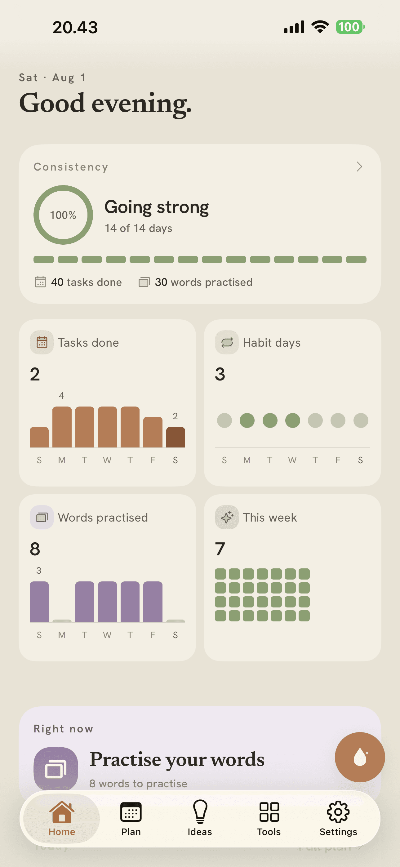 Vela's home screen: a consistency ring at 100%, tasks done, habit days and words practised this week