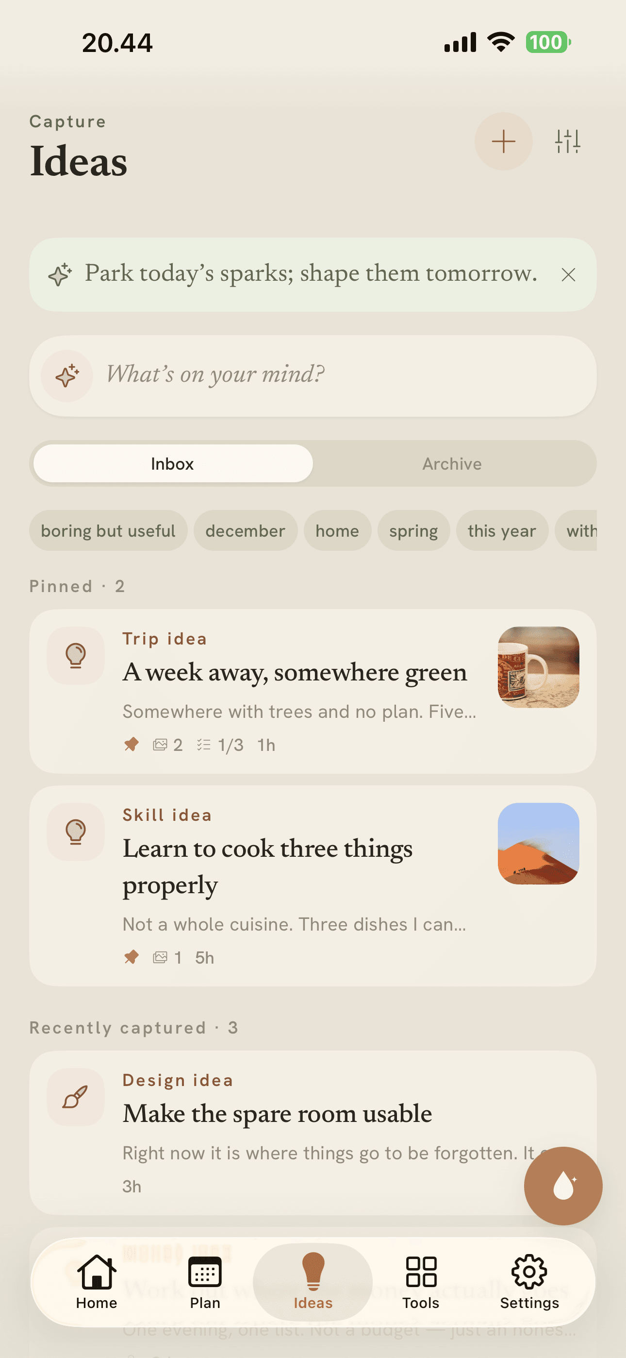 Vela's ideas screen, holding captured notes and images
