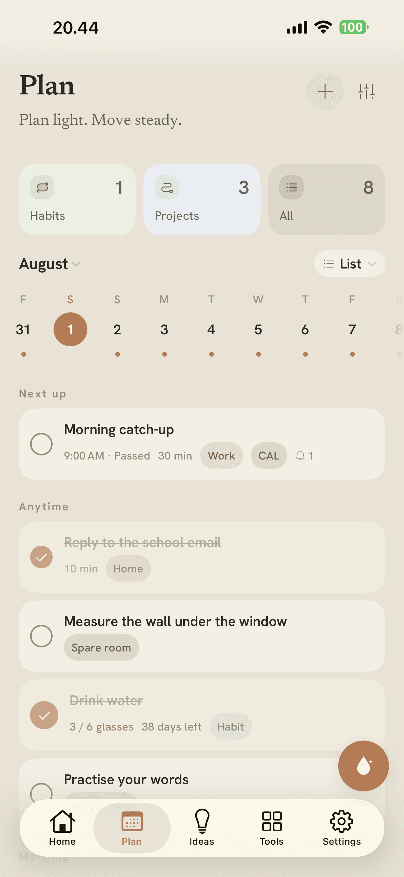Vela's plan screen, with the day's tasks and calendar events together