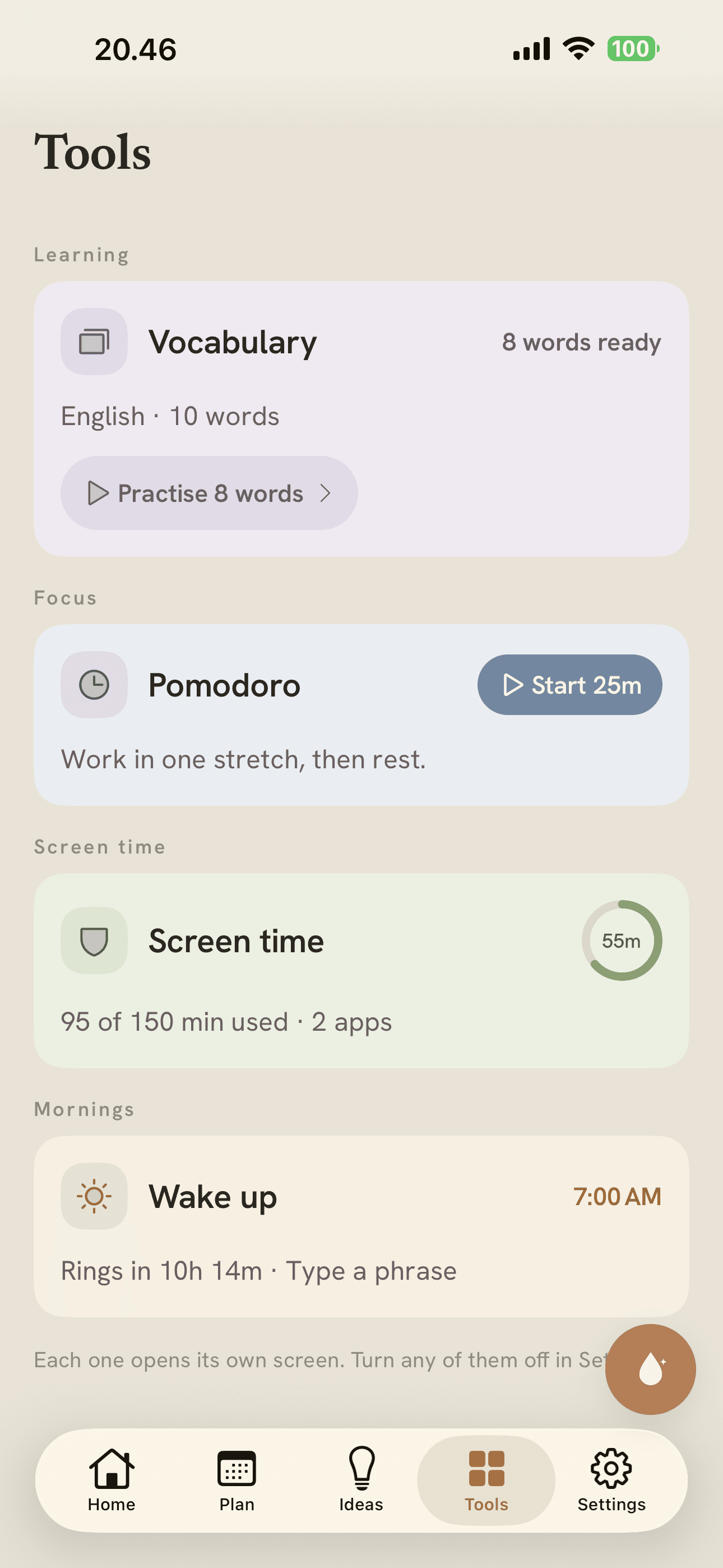 Vela's Tools hub, listing vocabulary, Pomodoro, screen time and the wake-up alarm