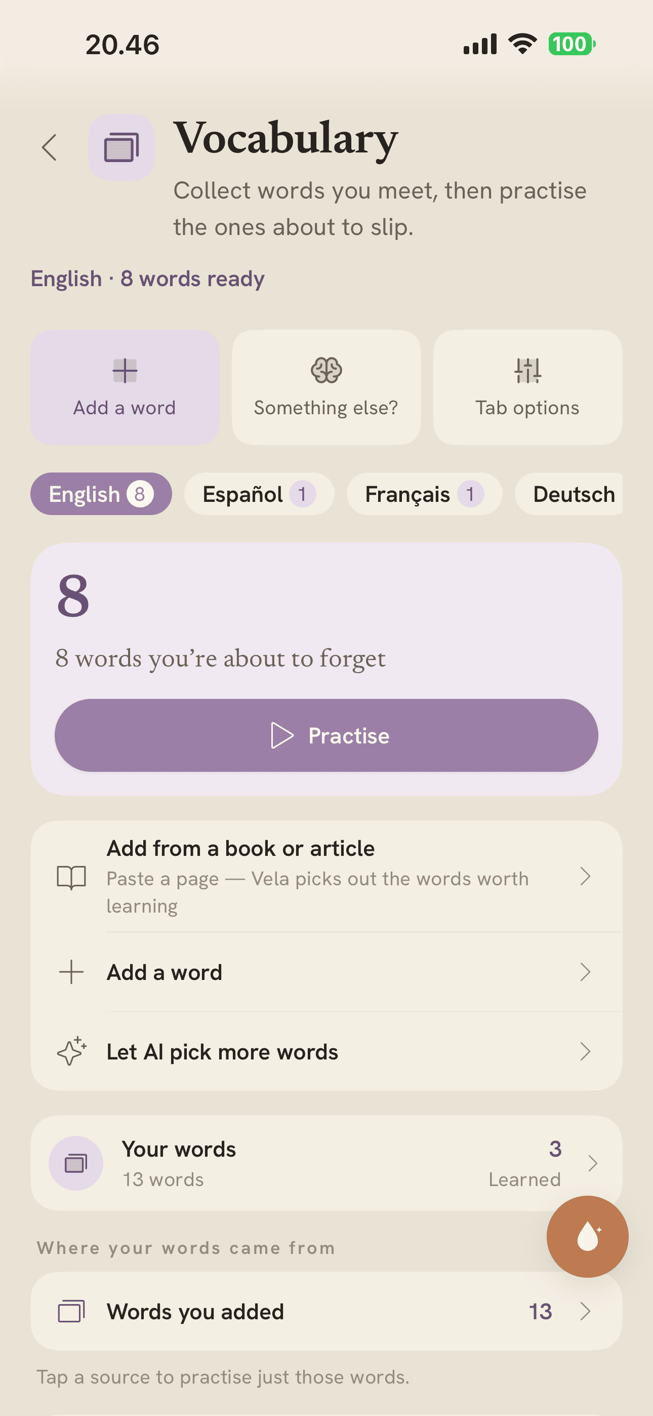 Vela's vocabulary practice screen, showing a saved word with its meaning and an example sentence
